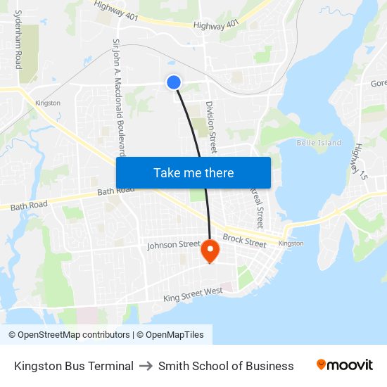 Kingston Bus Terminal to Smith School of Business map