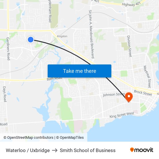 Waterloo / Uxbridge to Smith School of Business map