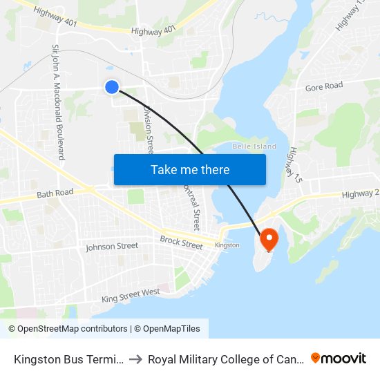 Kingston Bus Terminal to Royal Military College of Canada map