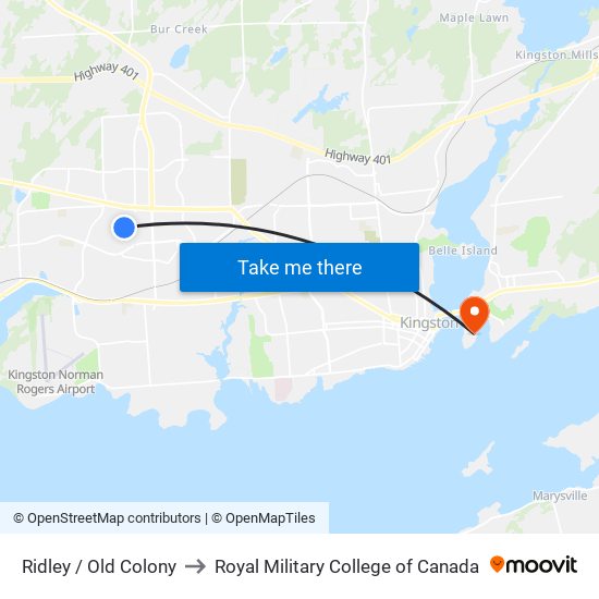 Ridley / Old Colony to Royal Military College of Canada map