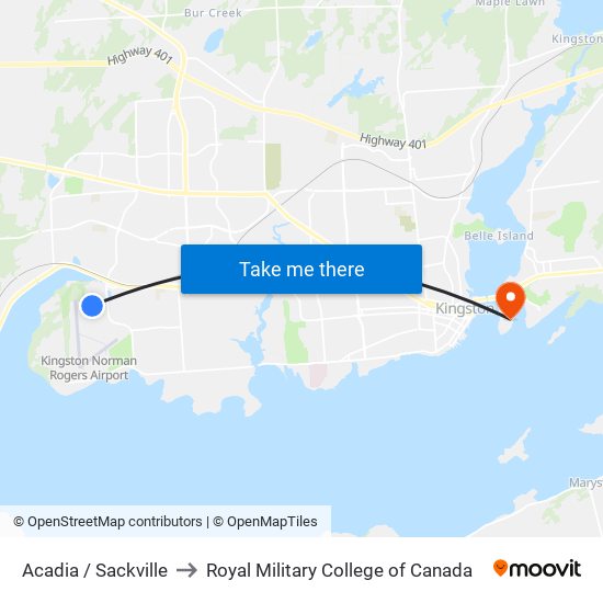 Acadia / Sackville to Royal Military College of Canada map