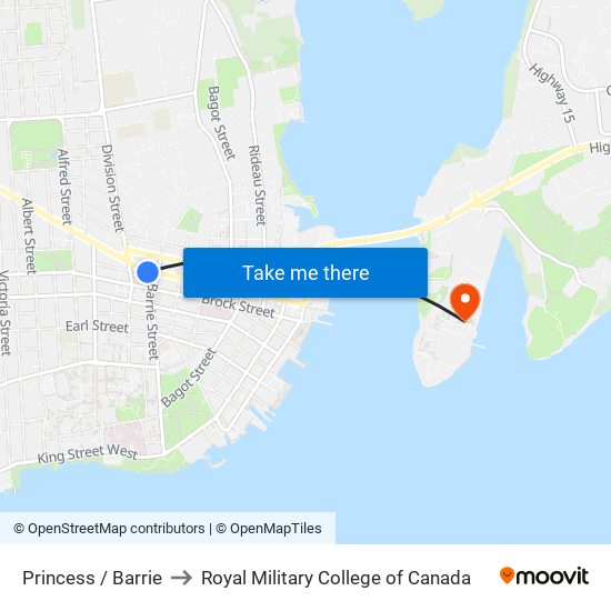 Princess / Barrie to Royal Military College of Canada map