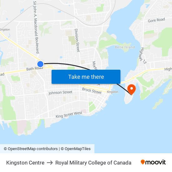 Kingston Centre Transfer Point Platform 1 to Royal Military College of Canada map