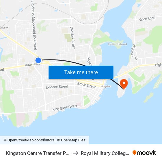 Kingston Centre Transfer Point Platform 3 to Royal Military College of Canada map