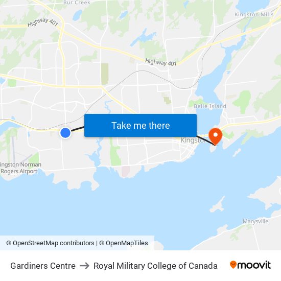 Gardiners Centre Transfer Point to Royal Military College of Canada map