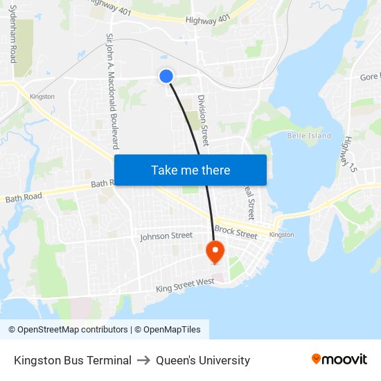 Kingston Bus Terminal to Queen's University map
