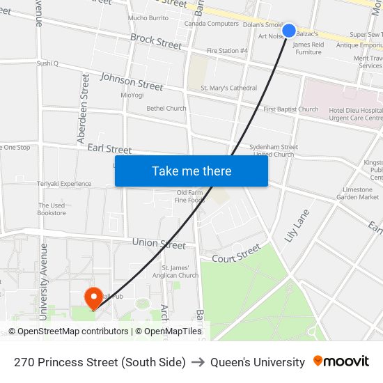 270 Princess Street (South Side) to Queen's University map