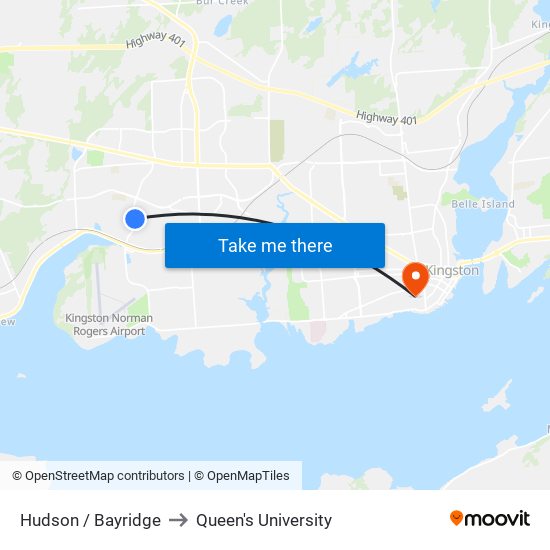 Hudson / Bayridge to Queen's University map