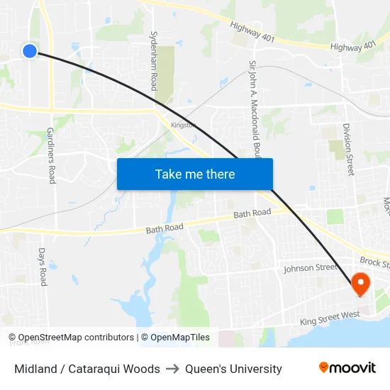Midland / Cataraqui Woods to Queen's University map