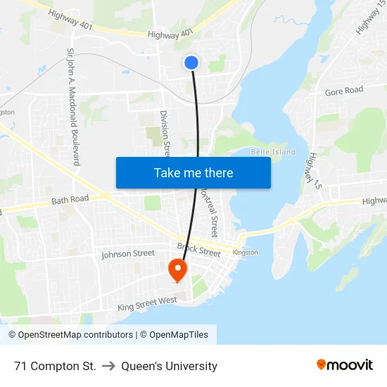 71 Compton St. to Queen's University map