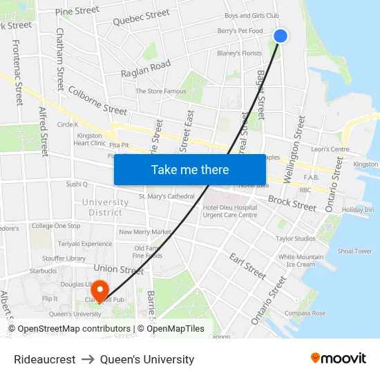 Rideaucrest to Queen's University map