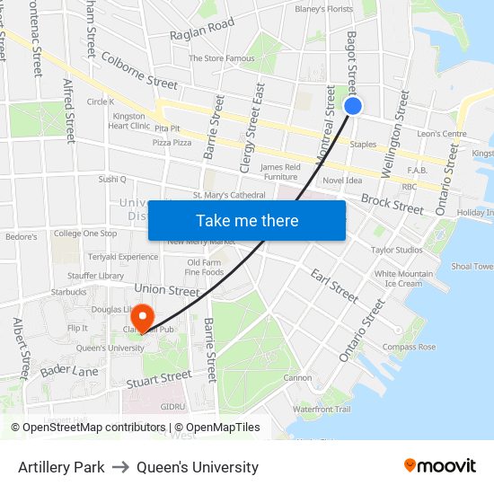 Artillery Park to Queen's University map