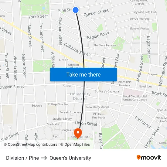 Division / Pine to Queen's University map