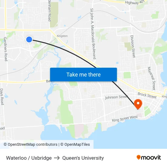 Waterloo / Uxbridge to Queen's University map
