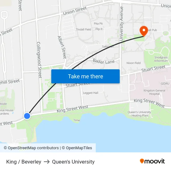 King / Beverley to Queen's University map
