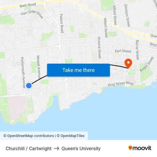 Churchill / Cartwright to Queen's University map