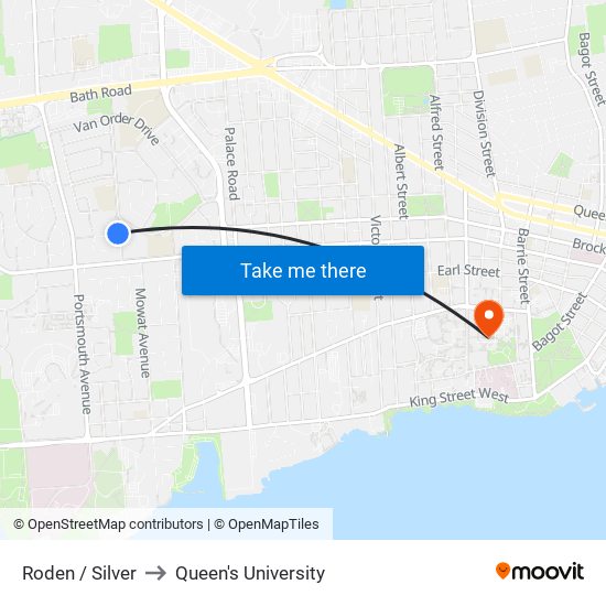 Roden / Silver to Queen's University map