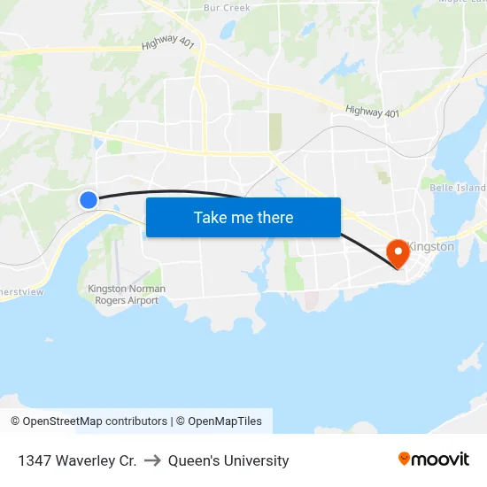 1347 Waverley Cr. to Queen's University map