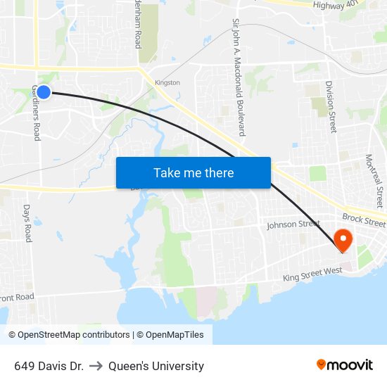 649 Davis Dr. to Queen's University map