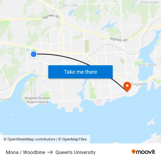 Mona / Woodbine to Queen's University map