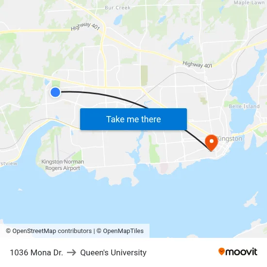 1036 Mona Dr. to Queen's University map