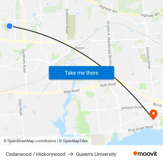 Cedarwood / Hickorywood to Queen's University map