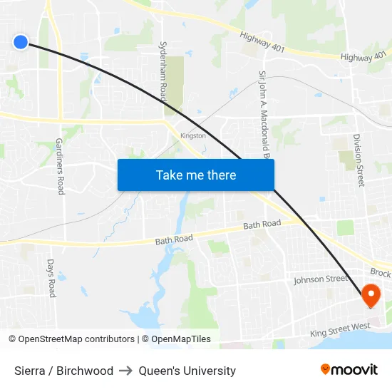 Sierra / Birchwood to Queen's University map