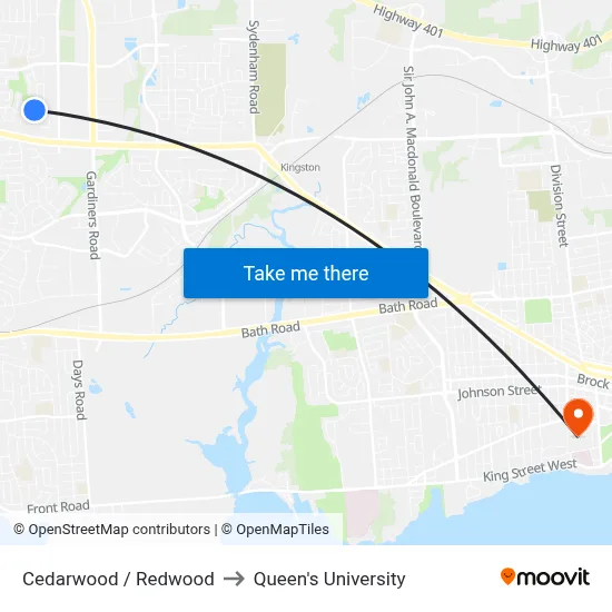 Cedarwood / Redwood to Queen's University map