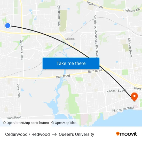 Cedarwood / Redwood to Queen's University map