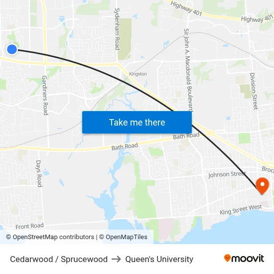 Cedarwood / Sprucewood to Queen's University map