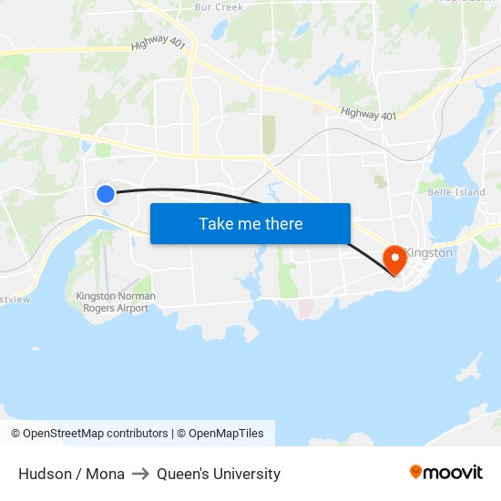 Hudson / Mona to Queen's University map