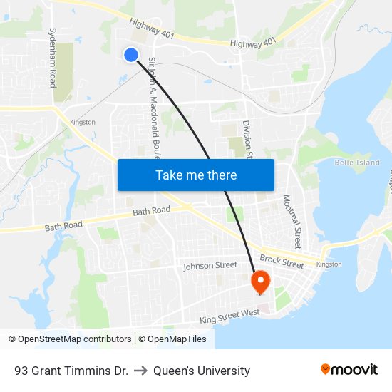 93 Grant Timmins Dr. to Queen's University map