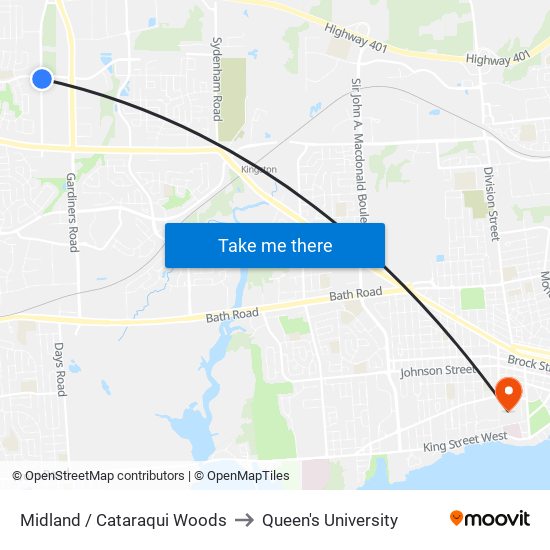 Midland / Cataraqui Woods to Queen's University map