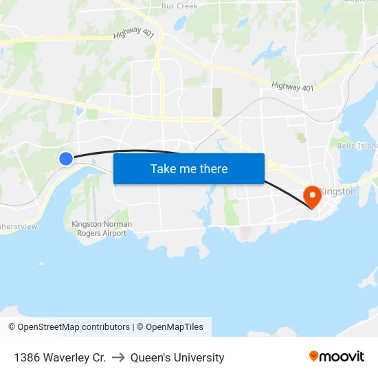 1386 Waverley Cr. to Queen's University map