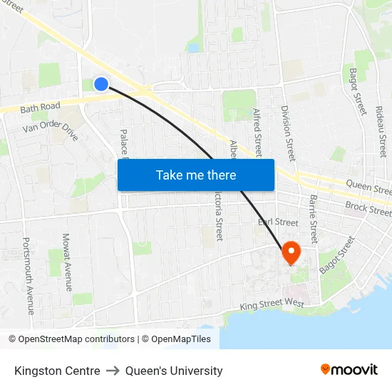 Kingston Centre to Queen's University map