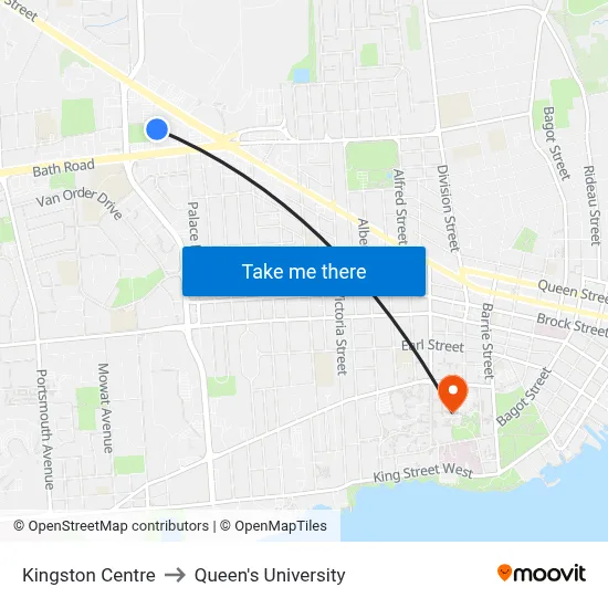 Kingston Centre to Queen's University map