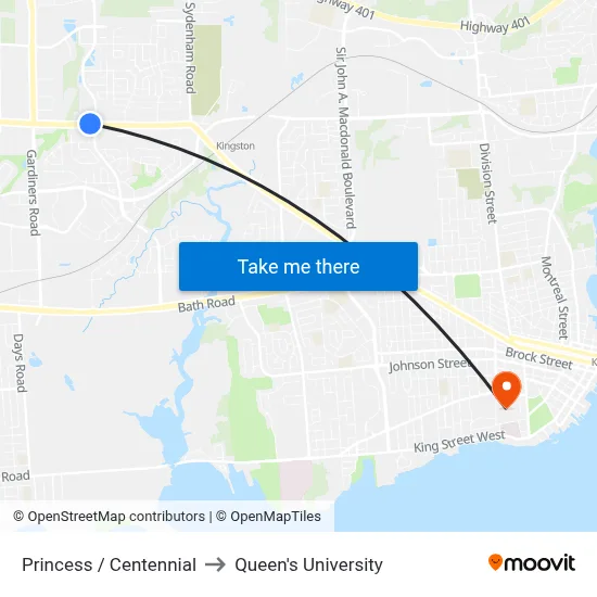 Princess / Centennial to Queen's University map