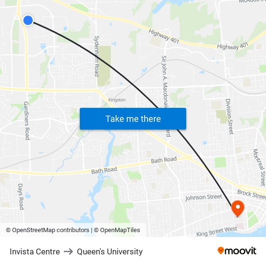 Invista Centre to Queen's University map