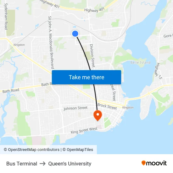 Bus Terminal to Queen's University map
