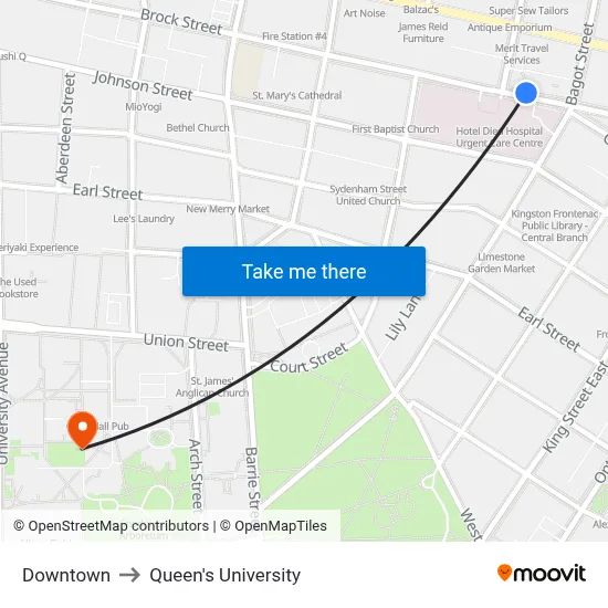Downtown to Queen's University map