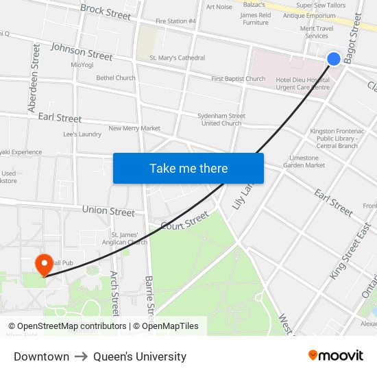 Downtown to Queen's University map