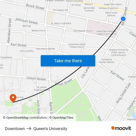 Downtown to Queen's University map
