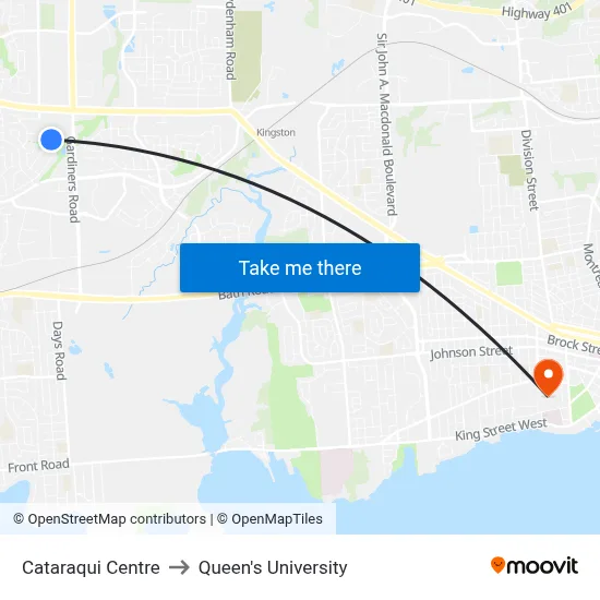 Cataraqui Centre to Queen's University map