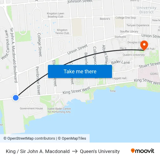 King / Sir John A. Macdonald to Queen's University map