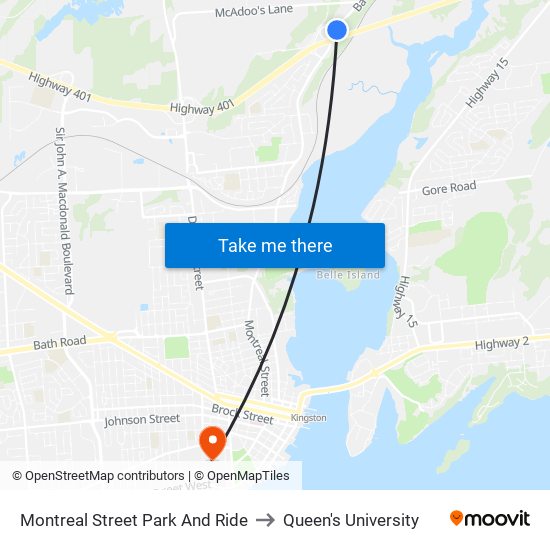Montreal Street Park And Ride to Queen's University map