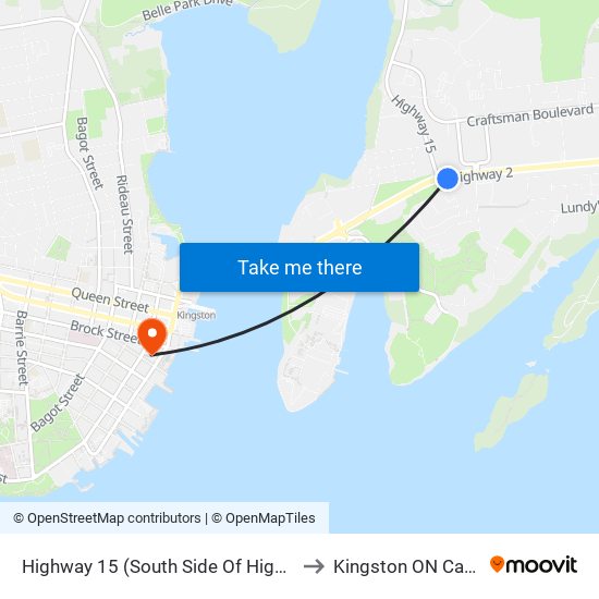 Highway 15 (South Side Of Highway 2) to Kingston ON Canada map
