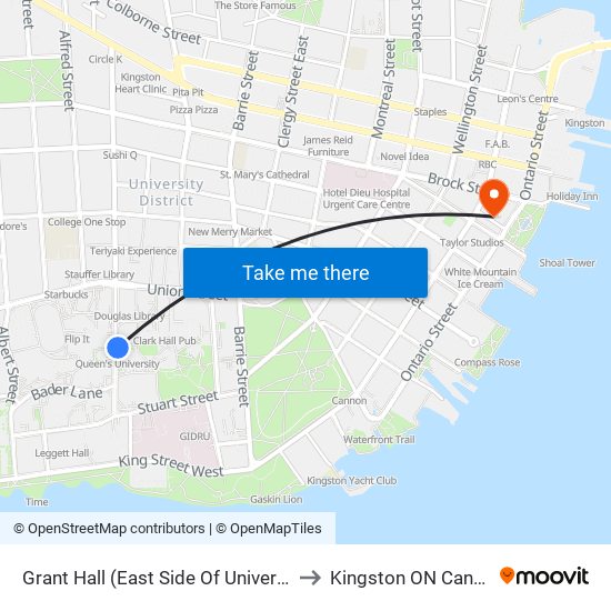 Grant Hall (East Side Of University) to Kingston ON Canada map