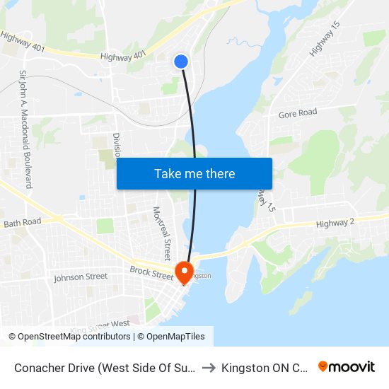 Sutherland / Conacher to Kingston ON Canada map