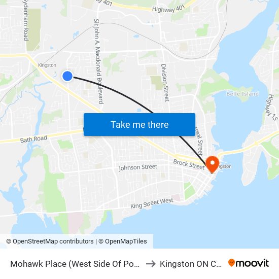 Portsmouth / Mohawk to Kingston ON Canada map