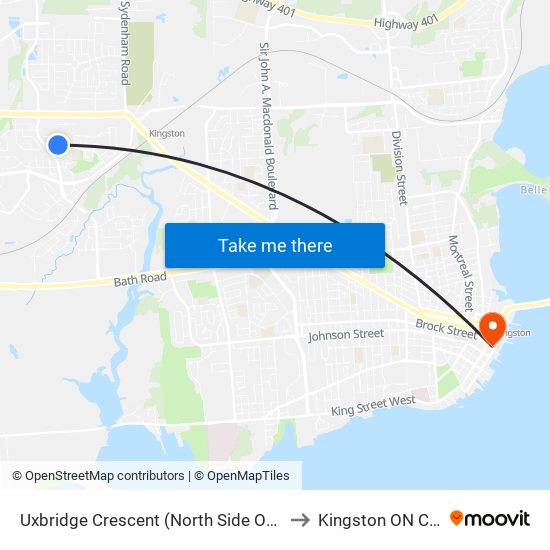 Uxbridge Crescent (North Side Of Waterloo) to Kingston ON Canada map